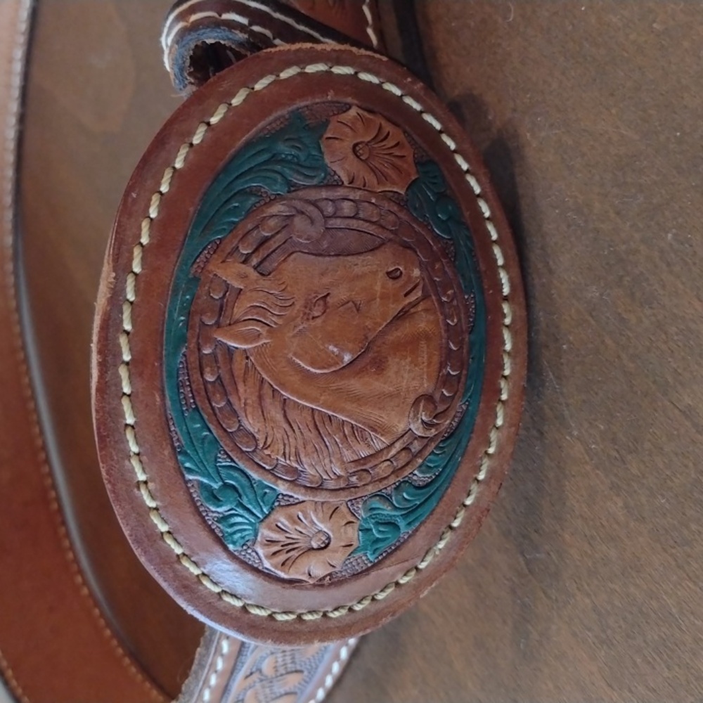 Vintage Sunbelt Hand Painted Leather Belt Sz 34 With Oak Leaf Tooling